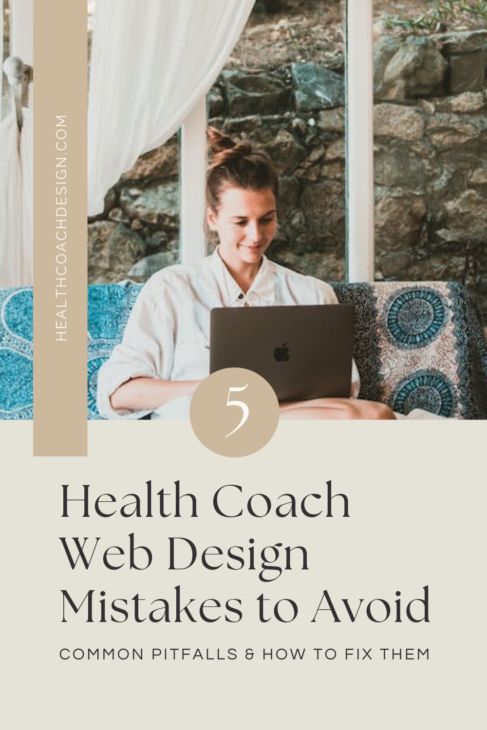 Pinterest pin for blog post titled "5 Health Coach Web Design Mistakes to Avoid (Part 1)." Woman is sitting on a couch looking at the laptop screen that's on her lap.